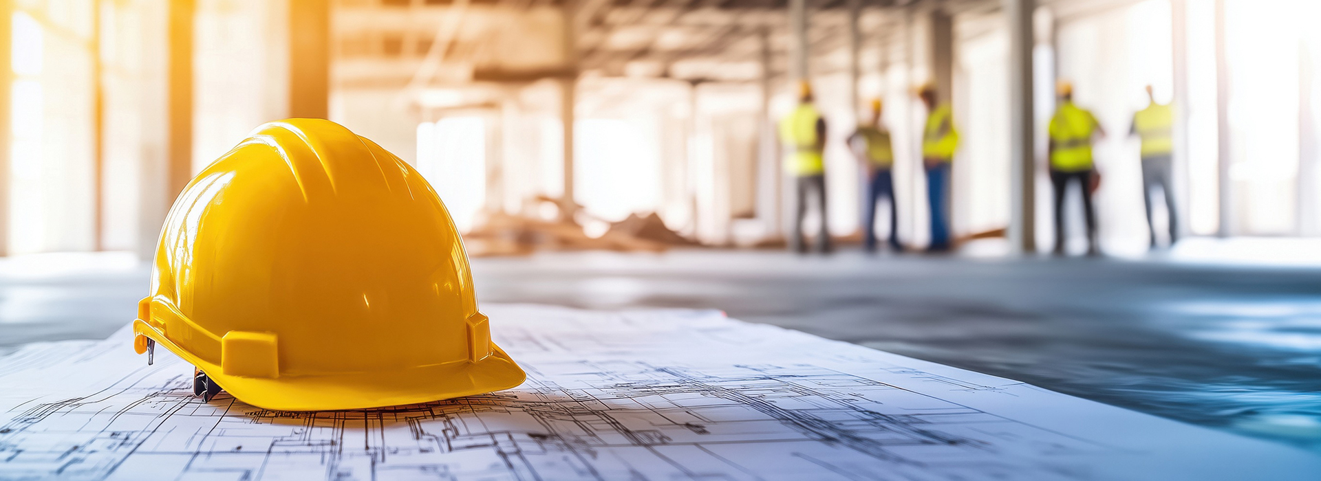 Construction workers discuss plans for a contractor job